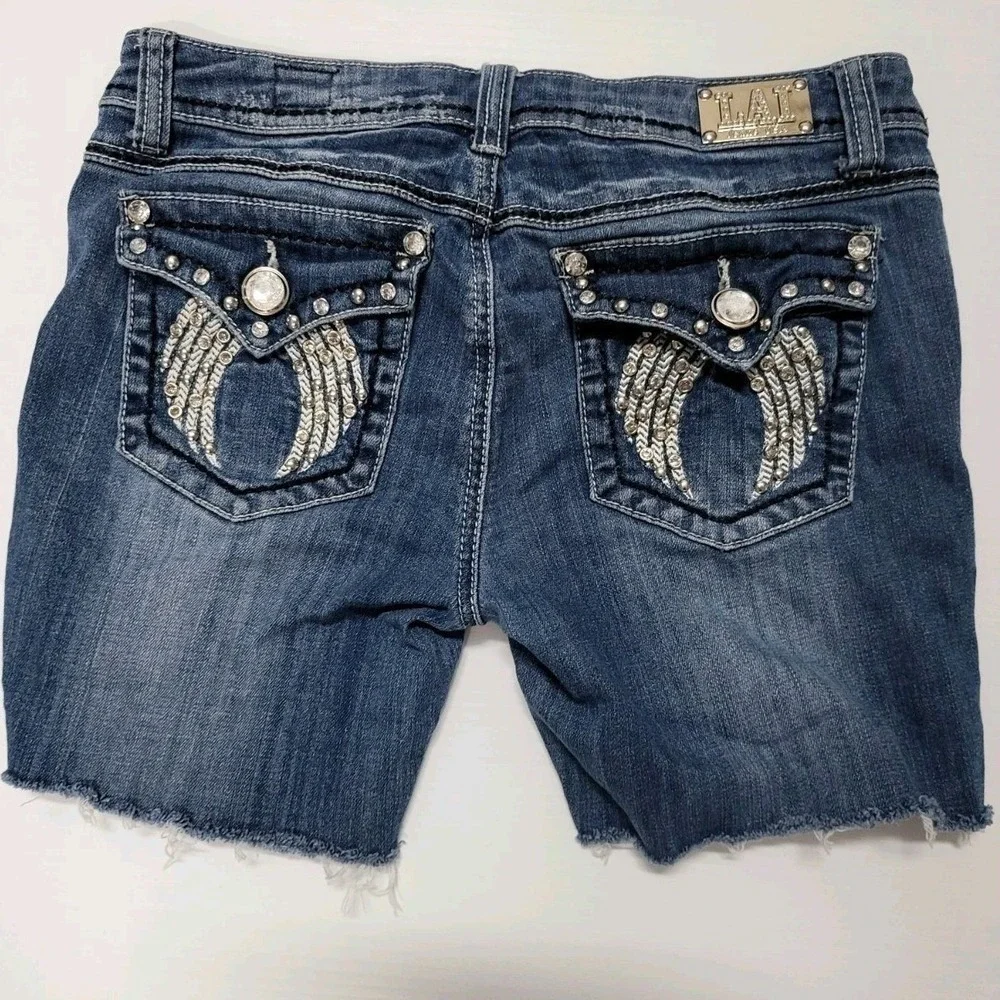 LA Idol USA Womens Distressed Denim Shorts Wing Rhinestone Studded Blue Size 9